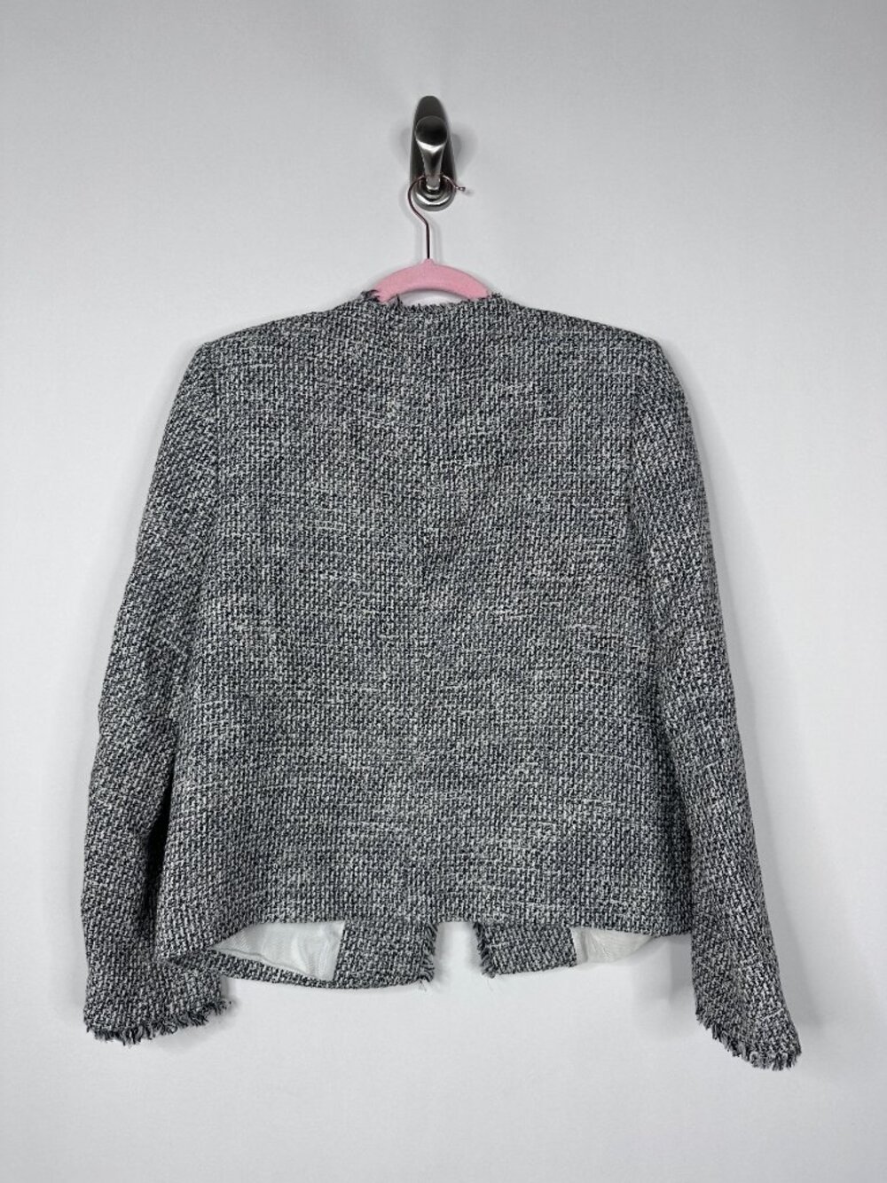 2/$30 ZARA Frayed Tweed Open Blazer Pronounced Shoulders Black Ecru Small #A2082 - Picture 6 of 10